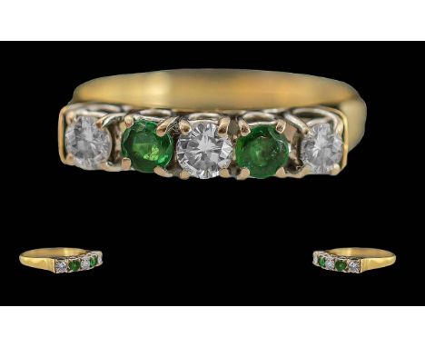 Ladies 18ct 5 Stone Gold Emerald &amp; Diamond Set Eternity Ring, three round brilliant cut diamonds approx. .60 cts. with tw