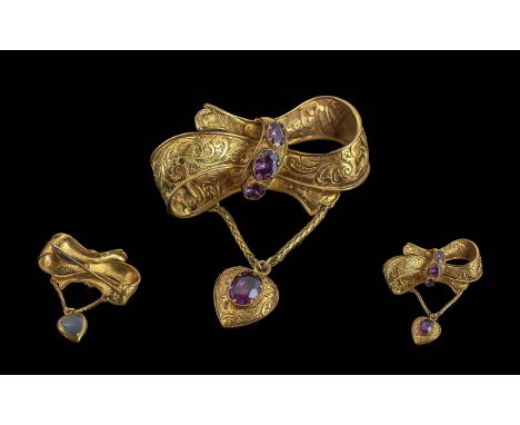 Georgian Period Ladies 18ct Gold Ribbon Bow Amethyst Set Small Ornate Brooch with Drop. Not Marked but Tests 18ct, Floral Emb