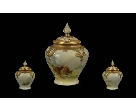 Royal Worcester Hand Painted Small Pot Pourri Lidded Vase ' Highland Cattle ' Signed Harry Stinton, Date 1916, Shape No 279. 