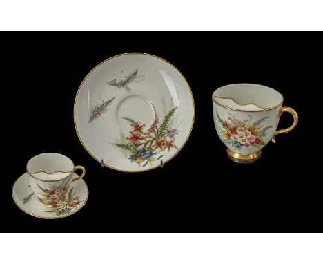 Royal Worcester Moustache Teacup &amp; Saucer, designed with built in guard across the rim.  Decorated with a floral design a