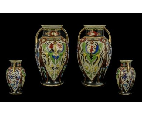 Noritake - A Fine Pair of Hand Painted Twin Handle Vases. Each Vase Decorated In Painted Enamels ( Rich Colours ) and Styalis