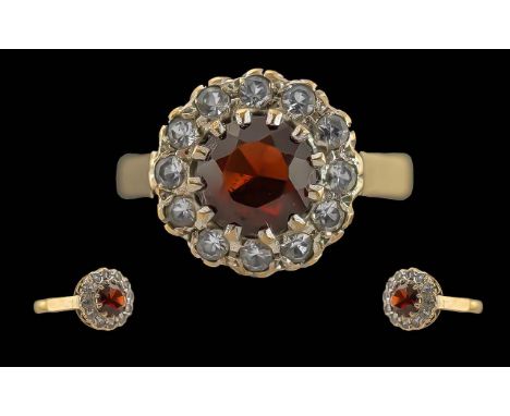 Antique Period Ladies 9ct Gold Diamond and Garnet Set Ring, Marked 9ct to Shank. The Central Faceted Garnet Surrounded by 12 