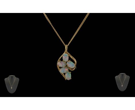 Ladies Pleasing 9ct Opal Set Pendant - With Attached 9ct Gold Chain. Marked 9ct To Chain &amp; Pendant. Opals of Good Colour 