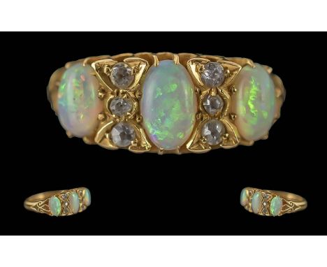 Antique Period Attractive Ladies 18ct Gold Opal and Diamond Set Ring, Full Hallmark to Interior of Shank. The Trio of Opals o