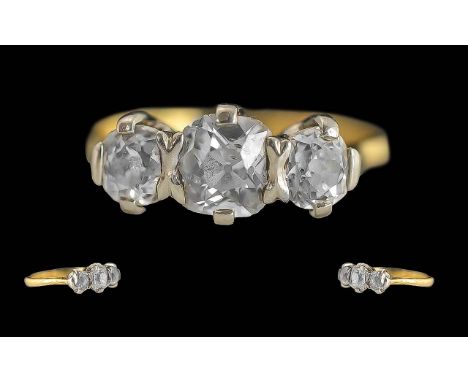 Ladies 18ct Gold Pleasing Three-Stone Diamond Set Ring, marked 18ct to interior of shank.  Circa 1920's.  The three old round