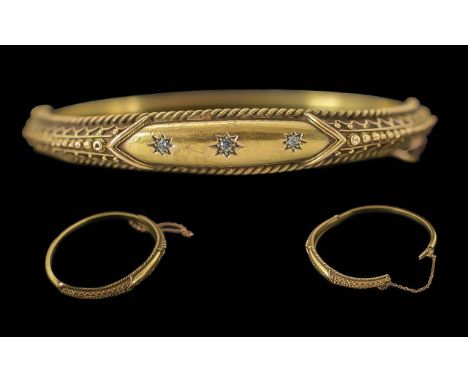 Edwardian Period 1902 - 1910 Ladies 15ct Gold 3 Stone Diamond Set Hinged Bangle. Marked 15ct. Weight 11.4 grams.