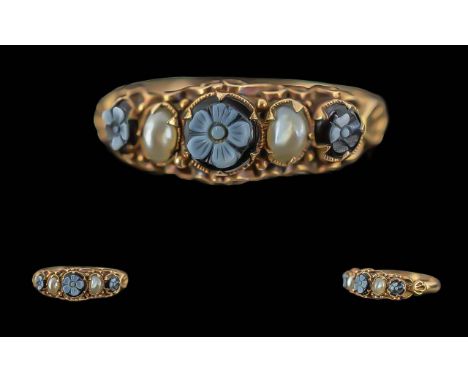 Victorian Period 1837 - 1901 Ladies Pleasing 15ct Gold Ornate Setting Split Pearl and Carved Onyx Flower Ring. Full Hallmark 