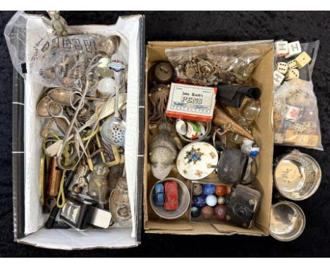 Two Boxes of Collectibles, including Mappin &amp; Webb tongs, assorted spoons and knives, perpetual calendar, brass whistle, 