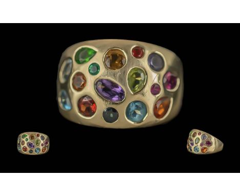 Ladies 9ct Gold Multi-Gem Set Ring, Marked 9ct. Set with Topaz, Peridot, Aquamarine, Amethyst etc. All of Pleasing Colour. Ri