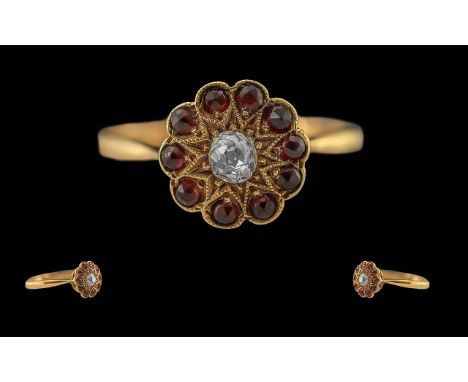 Victorian Period 1837 - 1901 Ladies Petite / Exquisite 18ct Gold Diamond and Garnet Set Cluster Ring, Marked 18ct to Interior