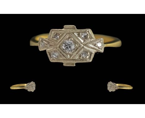 Ladies 18ct Gold and Platinum Petite Diamond Set Dress Ring, Marked 18ct and Platinum, Pleasing Design. Pave Set Diamond of G