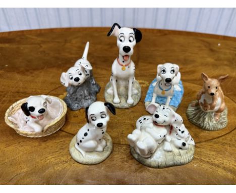 Box of Royal Doulton 101 Dalmatians Figures, boxed, 7 in total, including Patch in Basket, Perdita, Pongo, Penny and Freckles