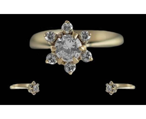 Ladies - Pleasing Designed Petite 18ct White Gold Diamond Set Ring. c.1920's. Flower head Design. The Central Faceted Diamond