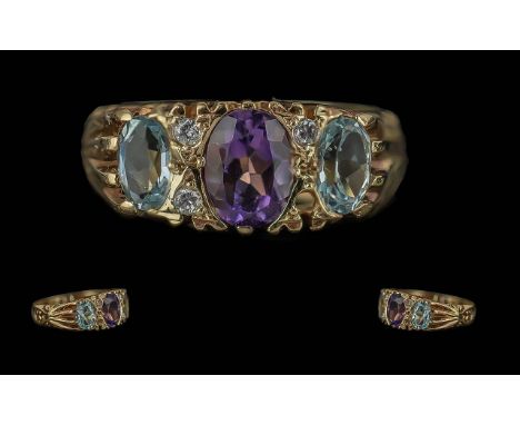 Ladies - Pleasing 9ct Gold Dress Ring, Set with Amethyst, Aquamarine and Diamonds, Full Hallmark to Interior of Shank, Raised