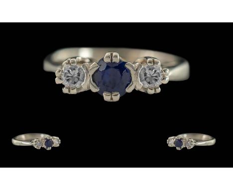 Ladies Pleasing 18ct White Gold 3 Stone Sapphire and Diamond Set Ring, Full Hallmark to Interior of Shank. The Diamonds of Go