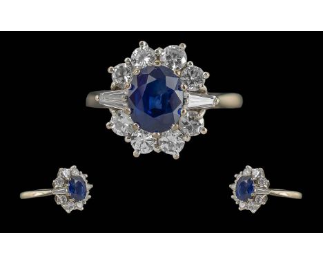 Ladies - 1950's 18ct White Gold &amp; Blue Sapphire and Diamond Set Cluster Ring. Marked 18ct to Interior of Shank. The Centr