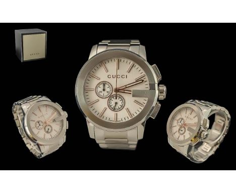 Gucci Large Stainless Steel Quartz Chronograph Wrist Watch, Watch Case 38 mm. With Gucci Box and Booklets.