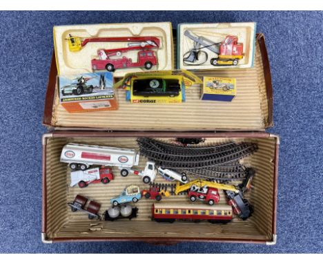 Old Suitcase, Containing Mixed Diecast To Include, 2 Boxed Corgi 1127 Fire Engine &amp; 1128 Priestman Cub Shovel, The Green 