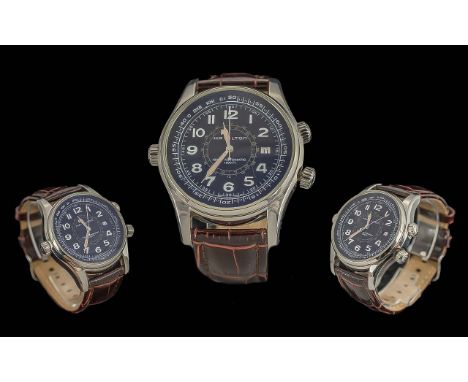Hamilton G.M.T Automatic ( Navy ) Steel Cased Wrist Watch, Case Diameter 38 mm. Features Translucent Blue Dial, Antimagnetic,