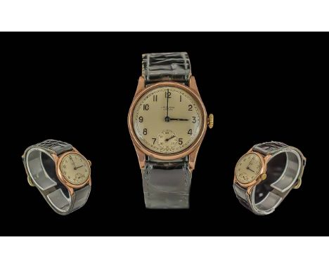 J.W. Benson Gents 9ct Rose Gold Cased Mechanical Wrist Watch - Circa 1940's with Attached Later Leather Watch Strap. Case and