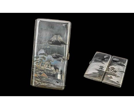 Japanese Export Deluxe Signed Niello 950 Silver Large Hinged Cigarette Case - In Fitted Case with Engraved Images of Mount Fi