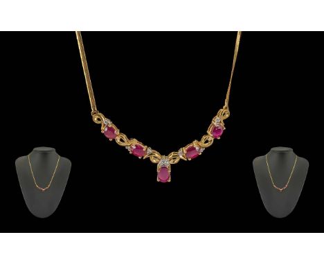Ladies Elegant 9ct Gold &amp; Ruby - Diamond Set Necklace. Stamped for 9ct Gold.