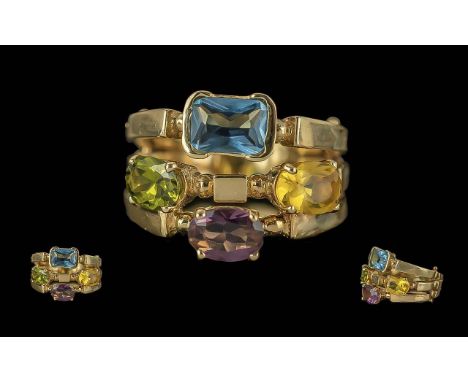 Ladies 14ct Gold 3 Ring Combined Gem Set Fashion Novelty Ring, Marked 14ct to Shank. The Gems Includes Aquamarine, Amethyst, 