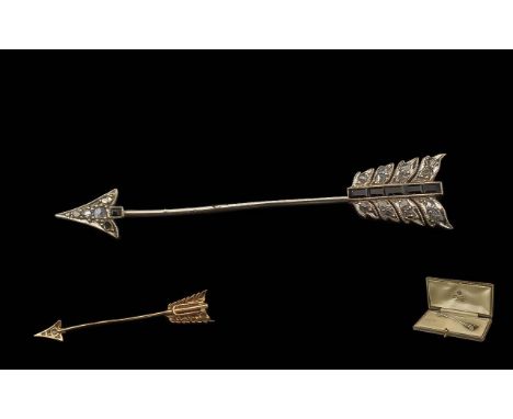 Edwardian Period 1902 - 1910 Asprey 18ct Gold and Platinum Diamond and Sapphire Set ' Jabot ' Tie Pin, In the Form of An Arro