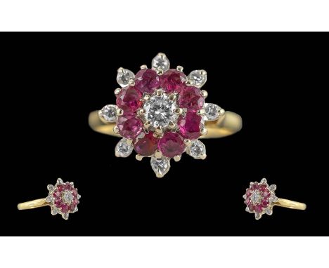 Ladies Fine Quality 18ct Gold Ruby and Diamond Set Dress Ring. Star Cluster Design. Full Hallmark to Interior of Shank. The C