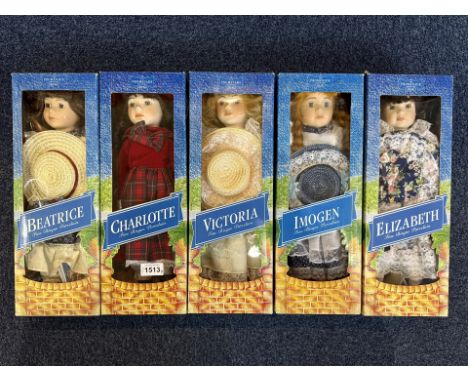 Five Bisque Faced Boxed Dolls from the Promenade Collection, comprising Beatrice No.5020108, Victoria No. 5020104, Elizabeth 