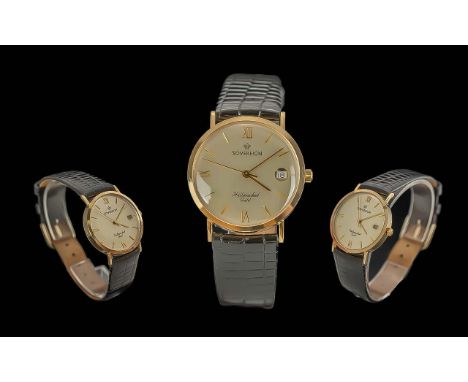 Sovereign - Gents 9ct Gold Cased Quartz Wrist Watch. c.1980's. With Black Leather Watch Strap, Gold Markers, Pleasing Dial, W