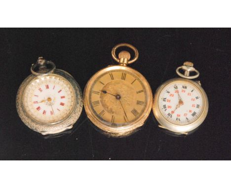 An 18ct crown wind open faced cylinder fob watch, together with two similar example S/D. (3).  