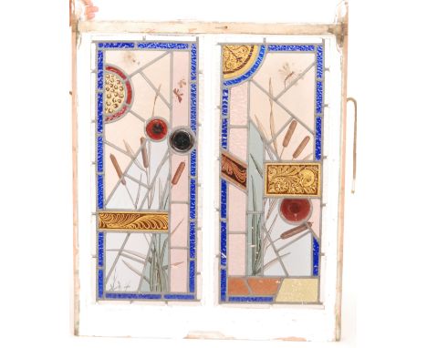A pair of late 19th Century Aesthetic Movement twin panel leaded windows in painted pine frames, detailed with birds in fligh