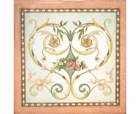 A pair of cloisonne glass panels, circa 1900, manufactured by the Cloisonne Glass Co with a classical design of floral garlan