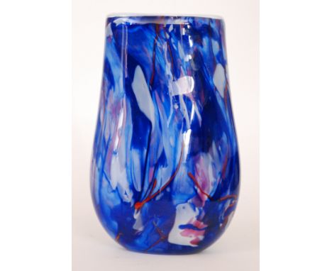 A contemporary studio glass vase by Martin Andrews, of compressed ovoid form, cased in clear crystal over tonal blue and pink