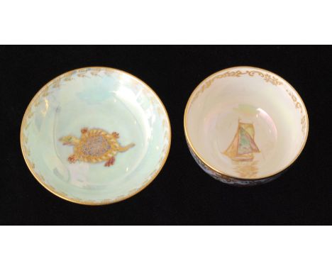 A Wedgwood 'Ordinary' Lustre shallow footed bowl decorated with an enamel and gilt turtle against a pale blue to the central 