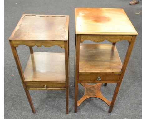 Two George III square top mahogany bedside commode tables, each fitted with a drawer (2)
