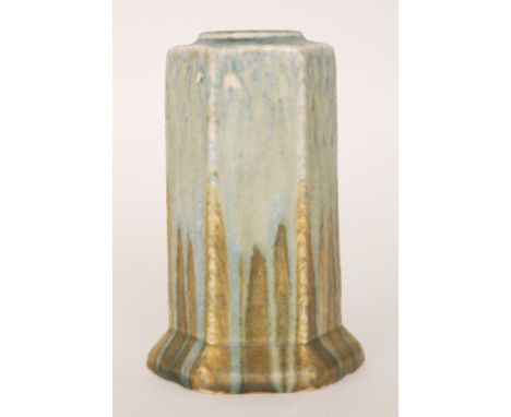 A Ruskin Pottery crystalline glaze spill vase of hexagonal form decorated in a streaked green glaze with a lighter dribble gl