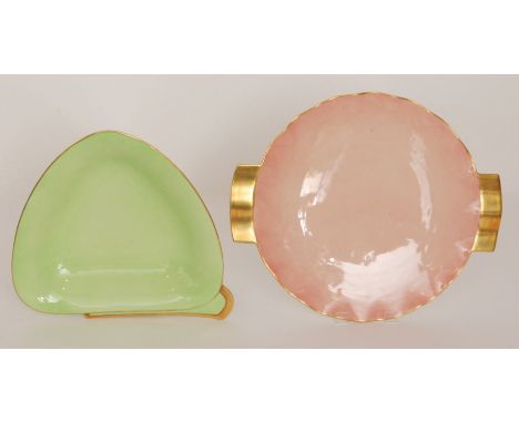 Two 1930s Art Deco Carlton Ware 'Moderne' dishes, the first of triangular form glazed in green, the second a twin handled cir