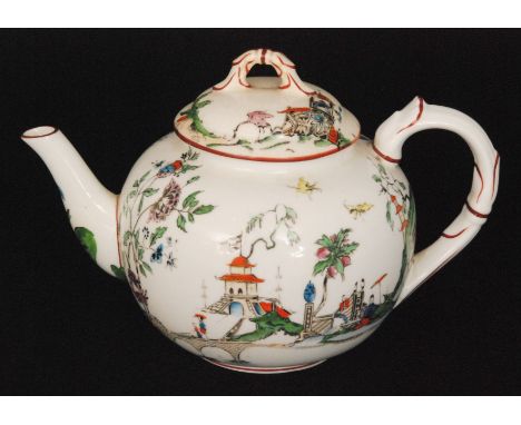 A Royal Worcester teapot of globular form decorated with a Chinoiserie landscape with enamel pagodas, figures and stylised fl