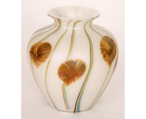 A contemporary studio glass vase by Okra of shouldered ovoid form with everted collar neck decorated in the White Arum design
