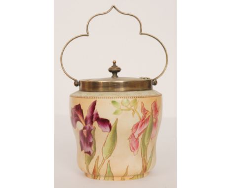 An early 20th Century Carlton Ware biscuit barrel decorated with Iris flowers against a blush ground and with an Antrobus Pat