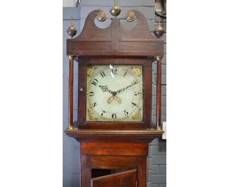 A 19th Century oak longcase clock with 30-hour movement, the hood surmounted by three brass finials above the 11 inch square 