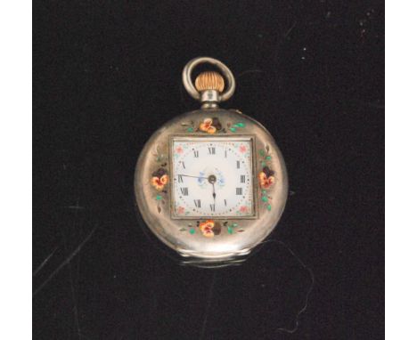 An early 20th Century Continental silver open faced crown wind fob watch Roman numerals to a square dial with enamel pansy de