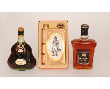 An unopened bottle of Cognac Hennessy another Prince Hubert and a novelty Napoleon porcelain spirit flask containing Cognac (