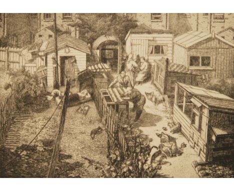 RAYMOND C.COLLINS, ARCA (CIRCA 1950) - Back Gardens, etching, unframed, 17cm x 24cm also three other unframed etchings by the