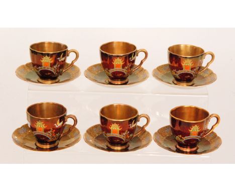 A set of six 1930s Art Deco Carlton Ware shape 1582 coffee cups and saucers decorated in the New Mikado pattern against a rou