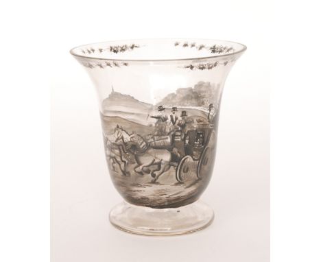An early 20th Century Bohemian crystal glass vase by Josef Lenhardt of Steinschonau, footed bell form black enamel decorated 