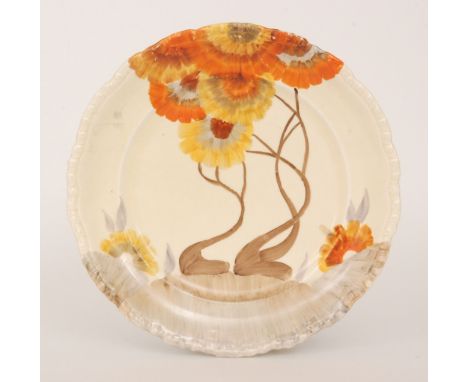 A large Clarice Cliff Rhodanthe circular plate circa 1940 with rope twist edge, hand painted with a stylised tree landscape, 