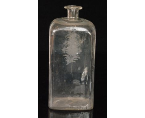 A large early 19th Century decanter flask of shouldered rectangular form with a collar neck, engraved with stylised flowers a